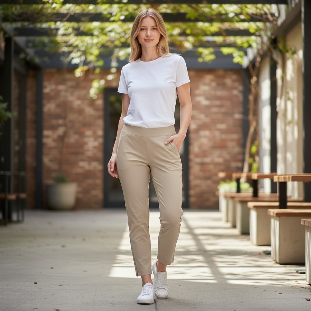 ATHLETA Womens Joggers 14 Beige Brooklyn Heights Travel Stretch Zip NWT Pull On - Picture 1 of 8